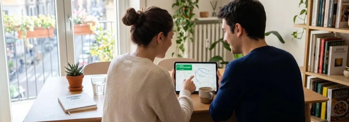 Una coppia vista di spalle seduta a un tavolo moderno mentre guarda insieme un tablet in un ambiente luminoso con luce naturale