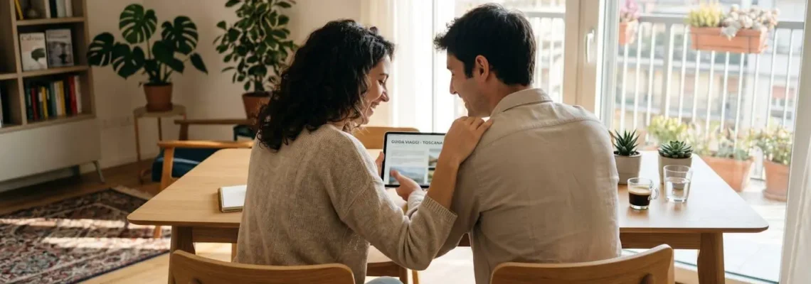 Una coppia vista di spalle seduta a un tavolo moderno mentre guarda insieme un tablet in un ambiente luminoso con luce naturale