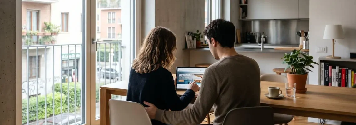Una coppia vista di spalle seduta a un tavolo moderno mentre guarda insieme un tablet in un ambiente luminoso con luce naturale