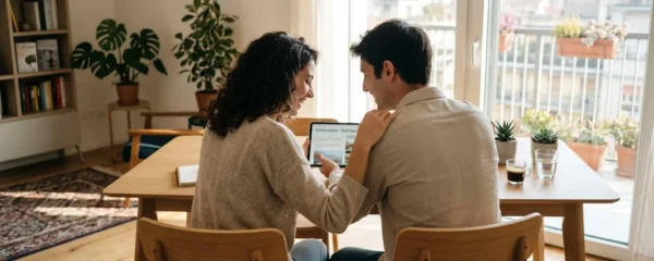 Una coppia vista di spalle seduta a un tavolo moderno mentre guarda insieme un tablet in un ambiente luminoso con luce naturale