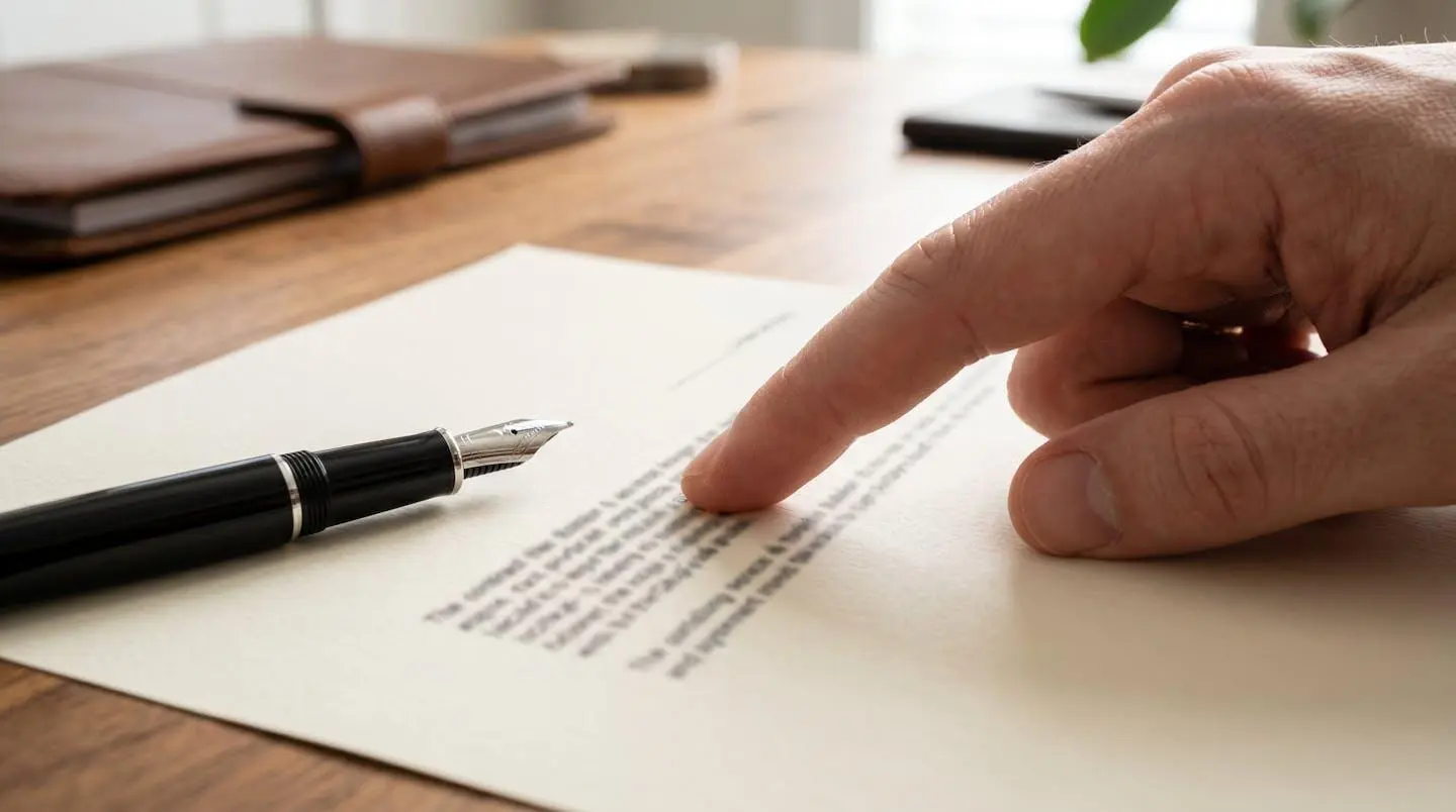 Macro close-up di una mano che indica un dettaglio su un documento contrattuale immobiliare con penna stilografica su una scrivania moderna pulita