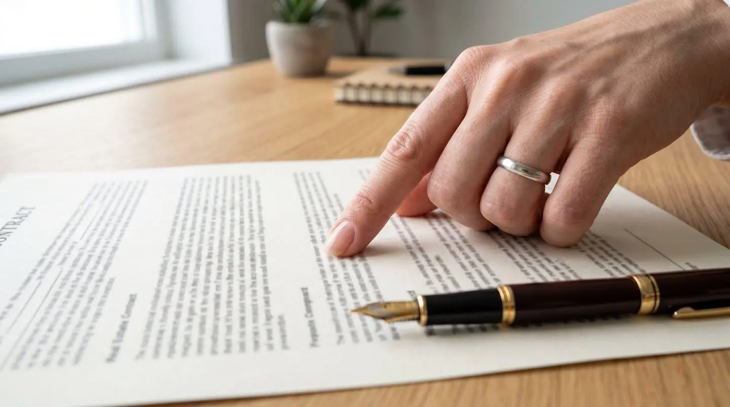 Macro close-up di una mano che indica un dettaglio su un documento contrattuale immobiliare con penna stilografica su una scrivania moderna pulita