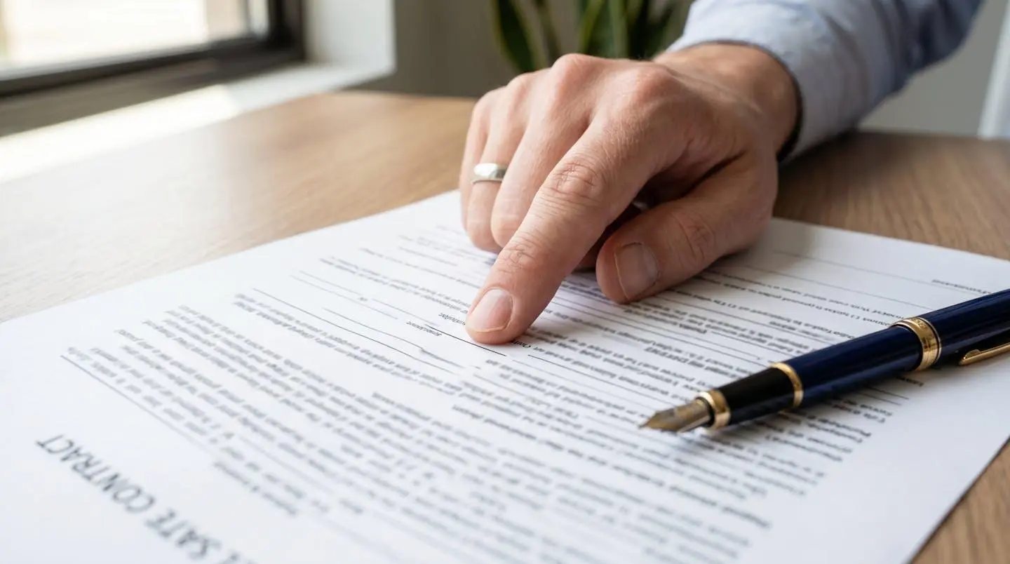 Macro close-up di una mano che indica un dettaglio su un documento contrattuale immobiliare con penna stilografica su una scrivania moderna pulita