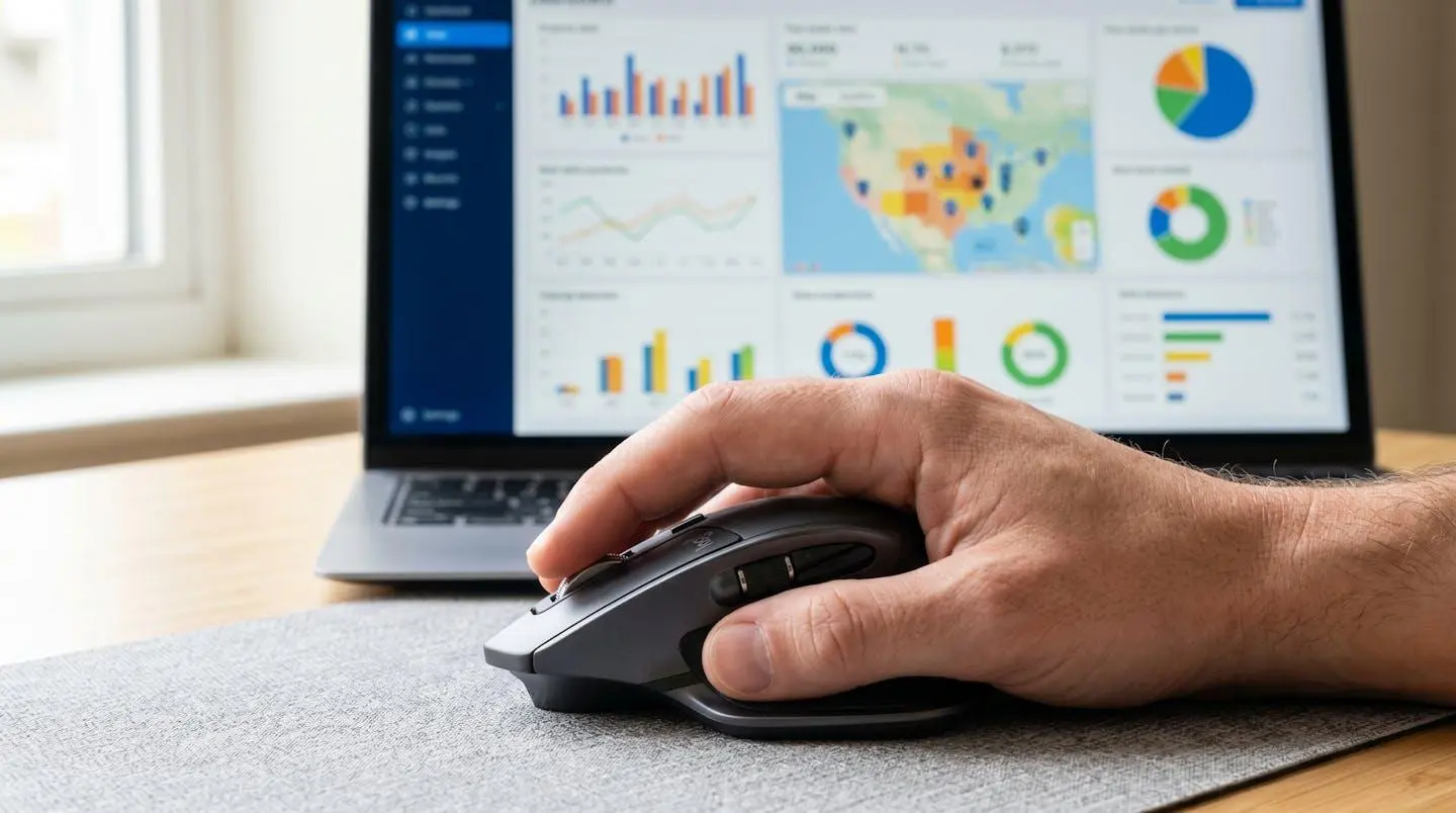 Macro estremo di una mano posata su un mouse da computer con uno schermo laptop sfocato sullo sfondo che mostra grafici e dati immobiliari