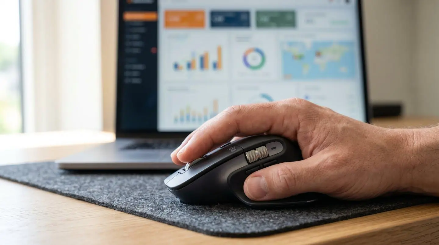 Macro estremo di una mano posata su un mouse da computer con uno schermo laptop sfocato sullo sfondo che mostra grafici e dati immobiliari