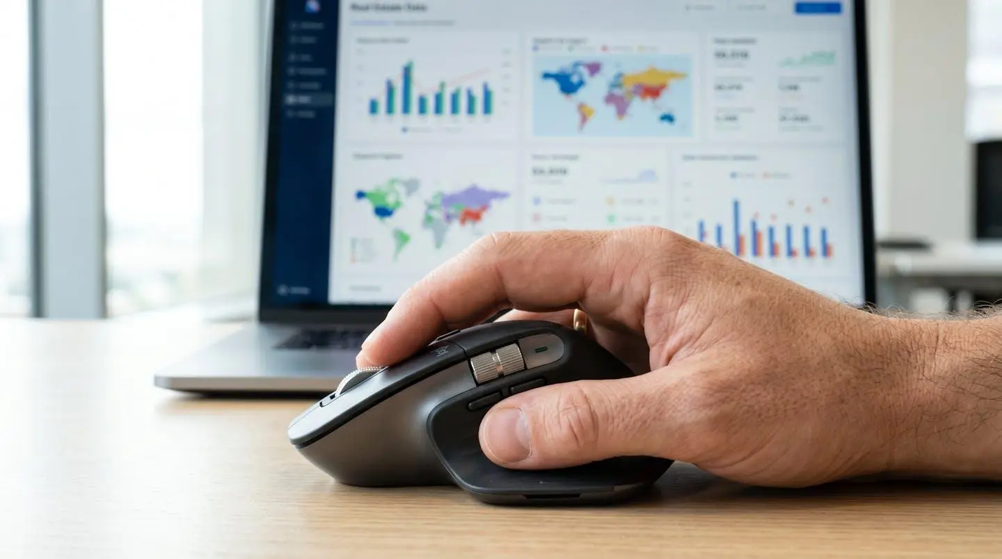 Macro estremo di una mano posata su un mouse da computer con uno schermo laptop sfocato sullo sfondo che mostra grafici e dati immobiliari
