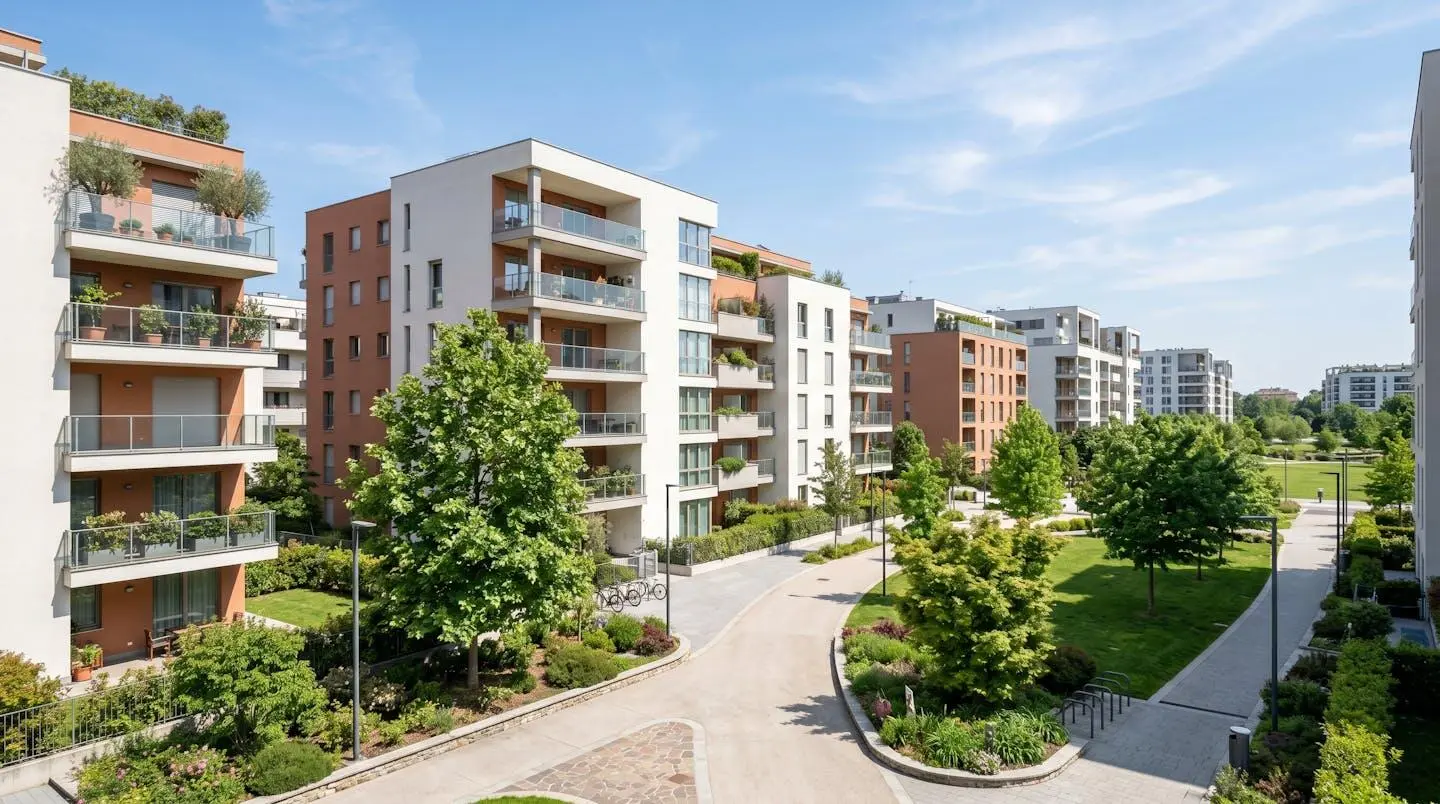 Veduta aerea di un quartiere residenziale italiano contemporaneo con edifici moderni, spazi verdi e luce naturale diurna