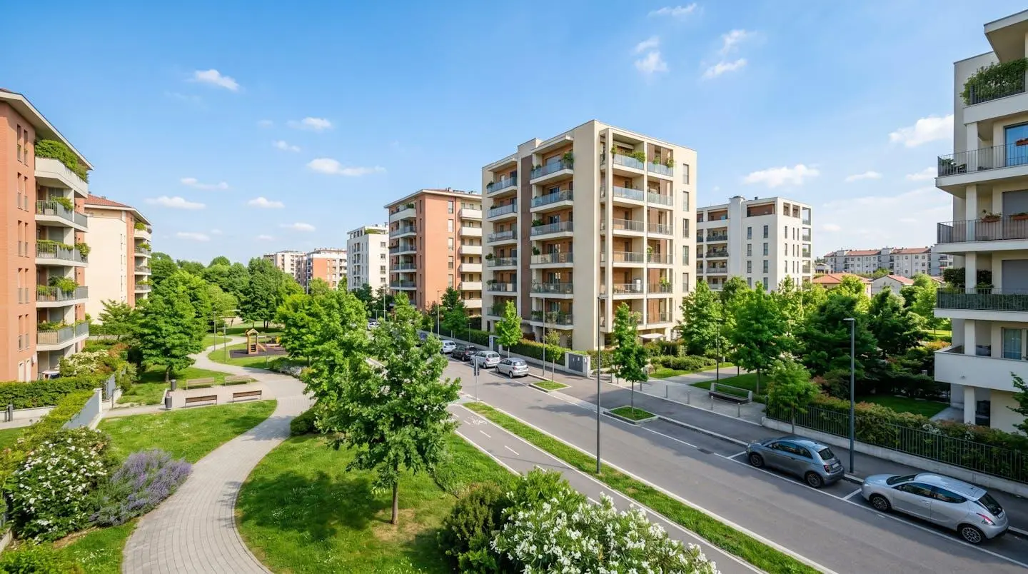 Veduta aerea di un quartiere residenziale italiano contemporaneo con edifici moderni, spazi verdi e luce naturale diurna