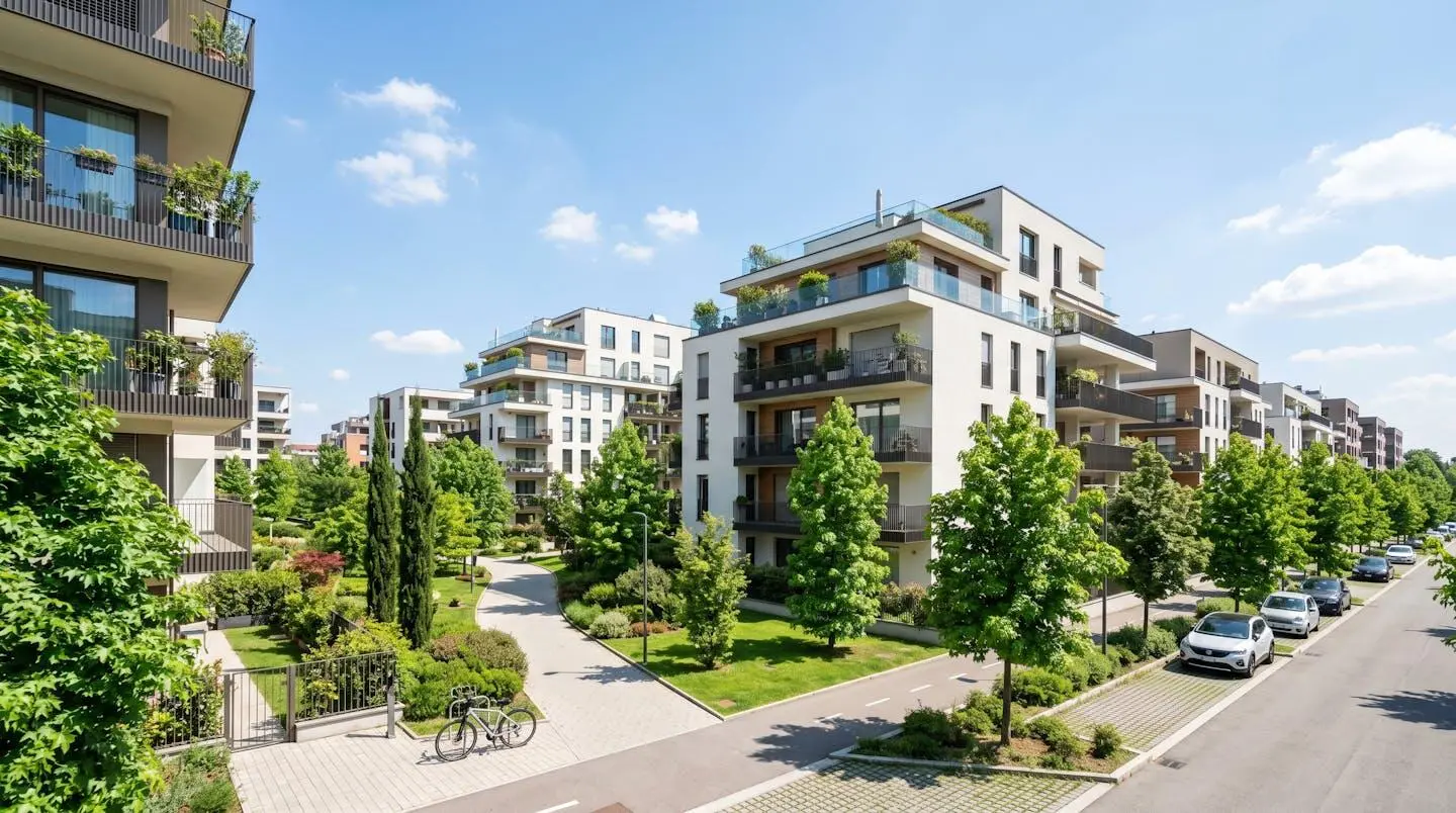 Veduta aerea di un quartiere residenziale italiano contemporaneo con edifici moderni, spazi verdi e luce naturale diurna
